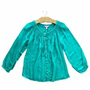 LILLY PULITZER SEA-FOAM GREEN TEAL BUTTON MARIBEL PEASANT BLOUSE